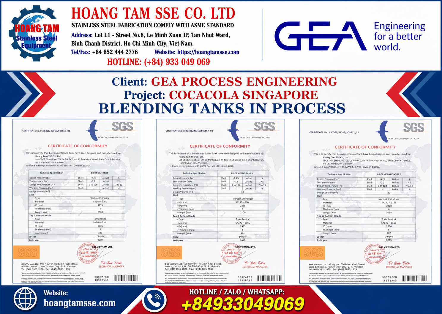 Hoàng Tâm - Lắp đặt BLENDING TANKS IN PROCESS cho dự án COCA-COLA SINGAPORE của đối tác GEA PROCESS ENGINEERING 12/2019